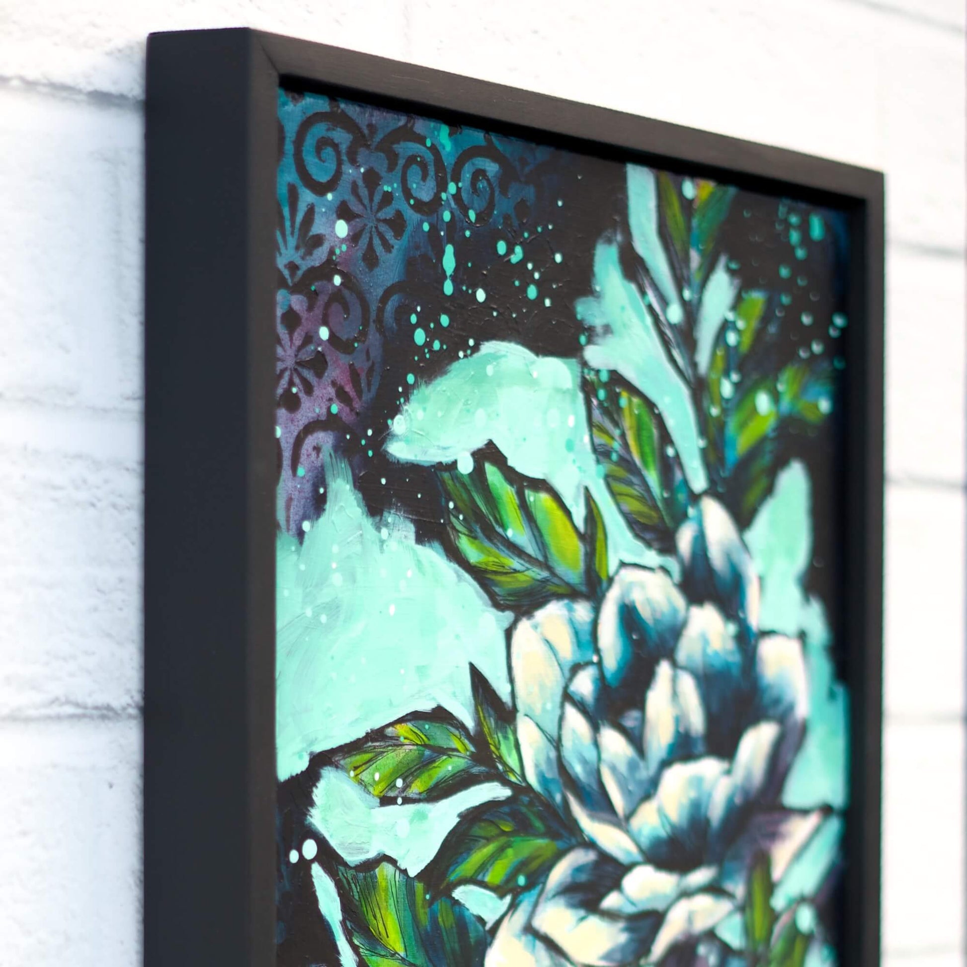 Original floral painting in blue, teal and green tones, contemporary flower artwork for calming modern interiors