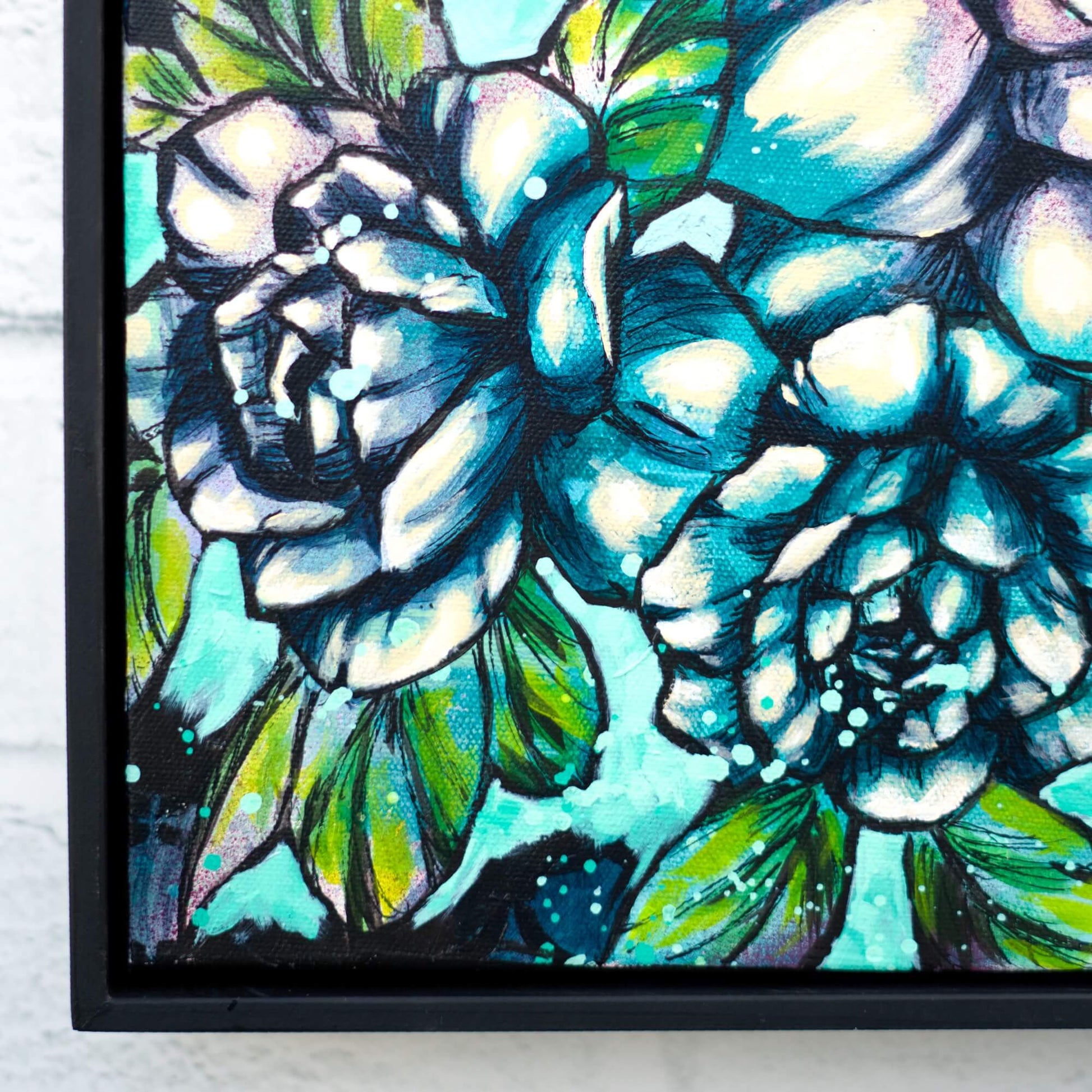 Original floral painting in cool toned palette, teal, blue and green flower artwork for serene wall decor