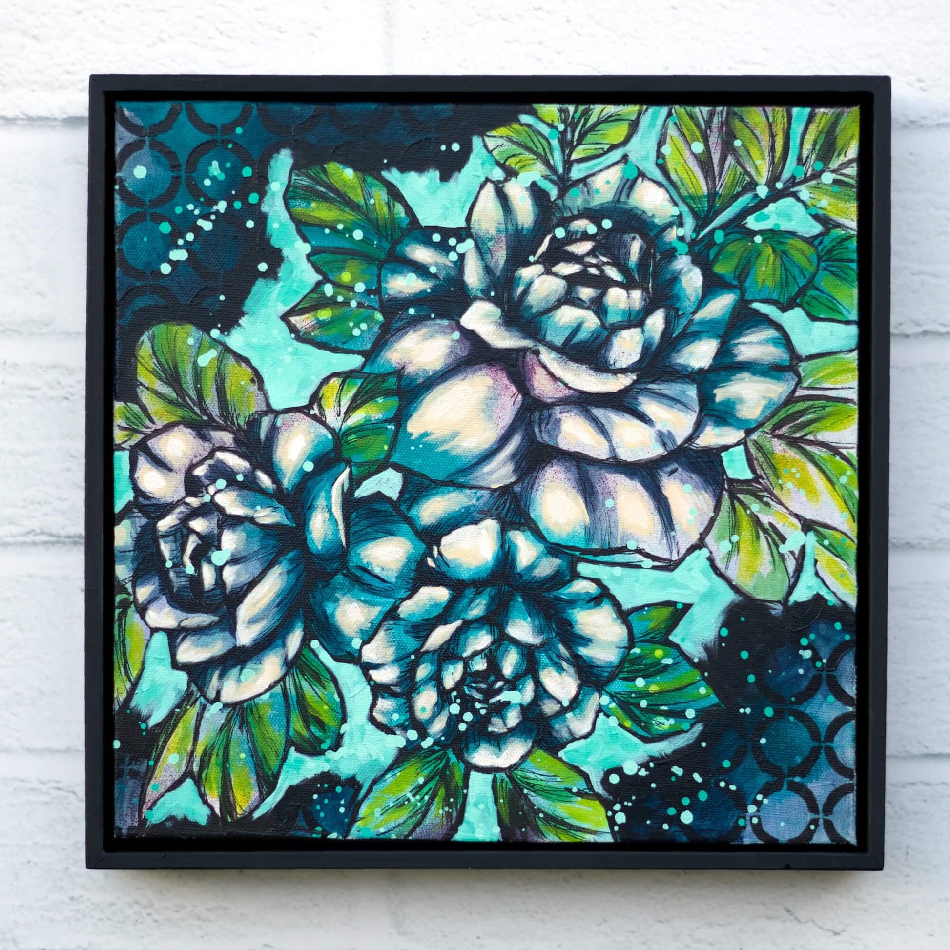 Contemporary botanical painting in teal and aqua tones, original floral wall art with calming aesthetic