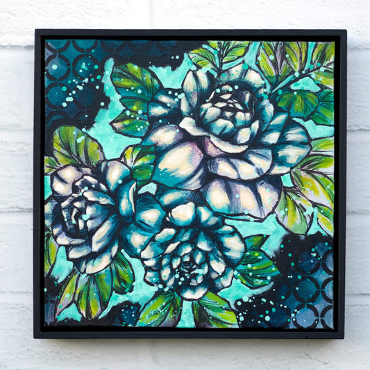 Contemporary botanical painting in teal and aqua tones, original floral wall art with calming aesthetic
