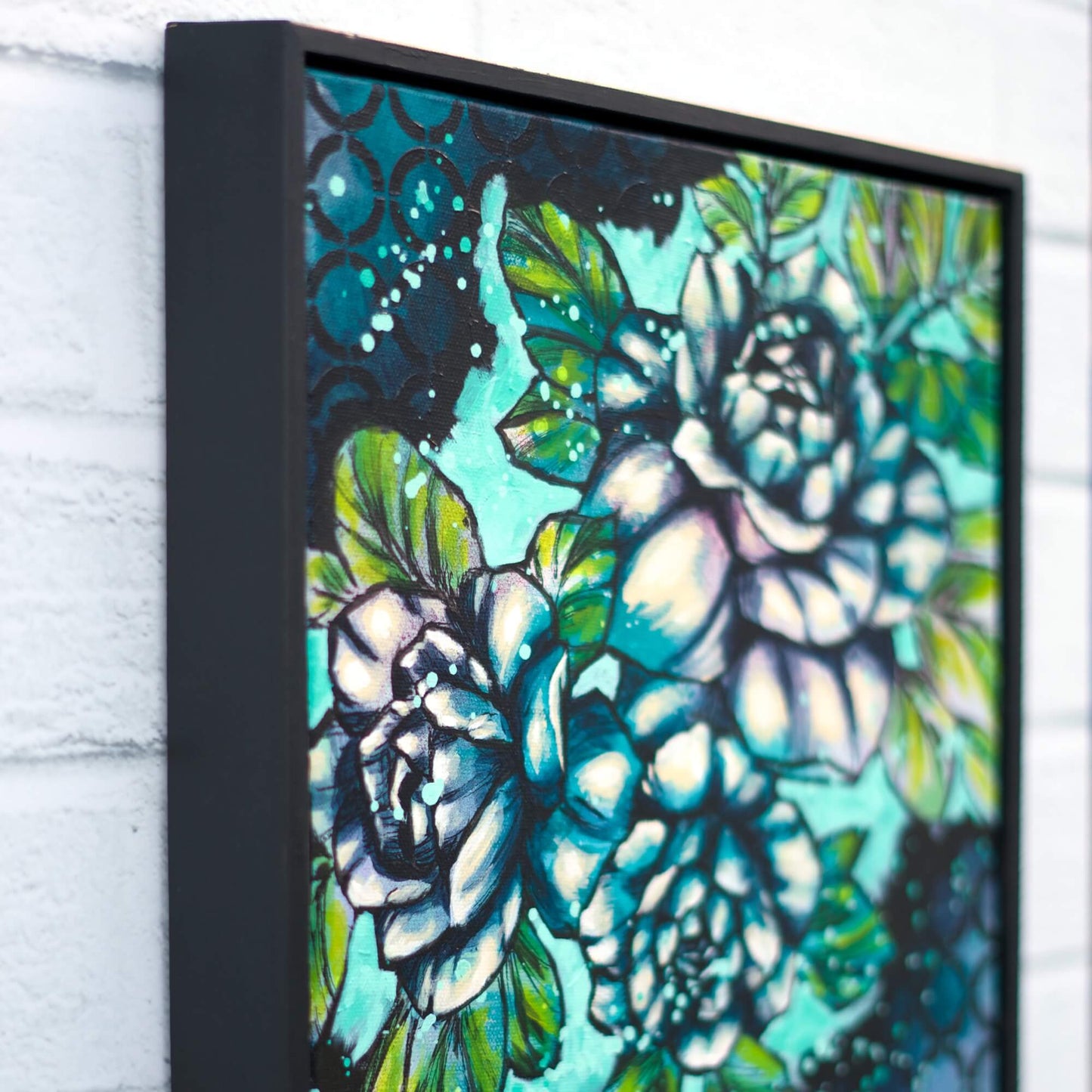 Original blue and teal floral painting on canvas, calming contemporary flower artwork for modern coastal interiors