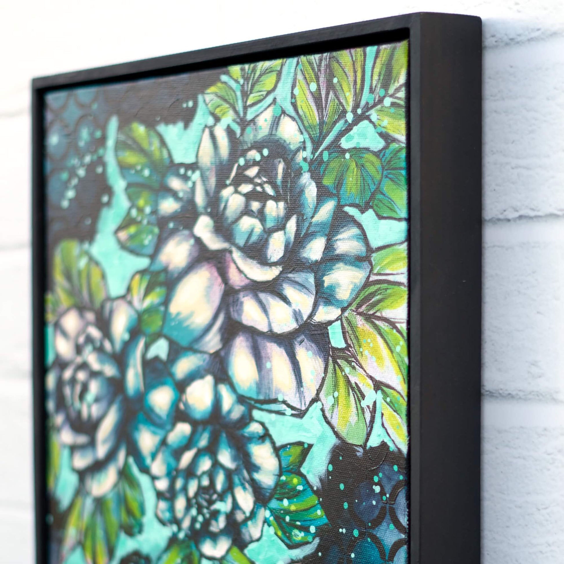 Green and blue floral painting with soft layered textures, original botanical artwork for serene home wall decor