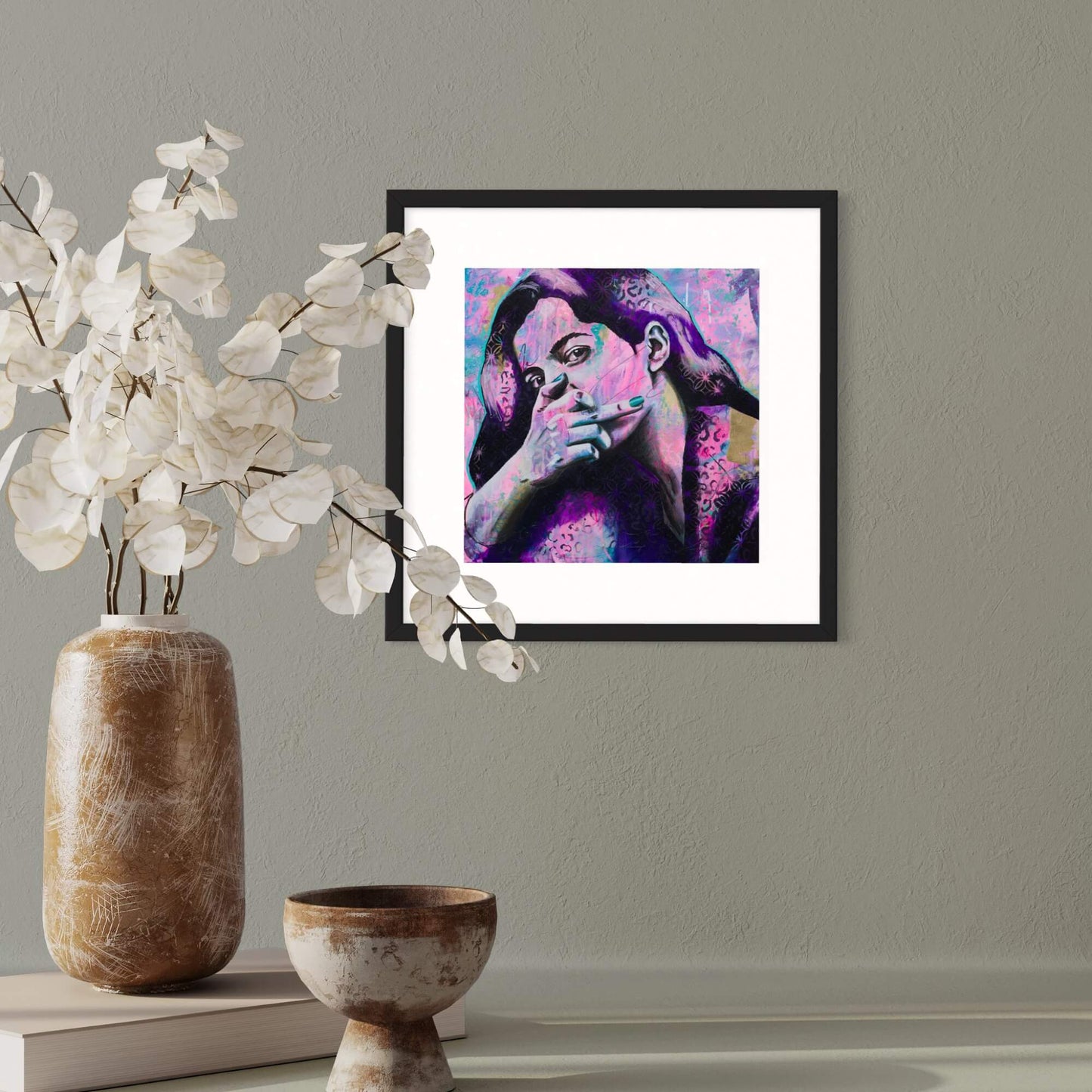 urban art, wall art australia, prints wall art woman flipping middle finger pink purple black canvas art print