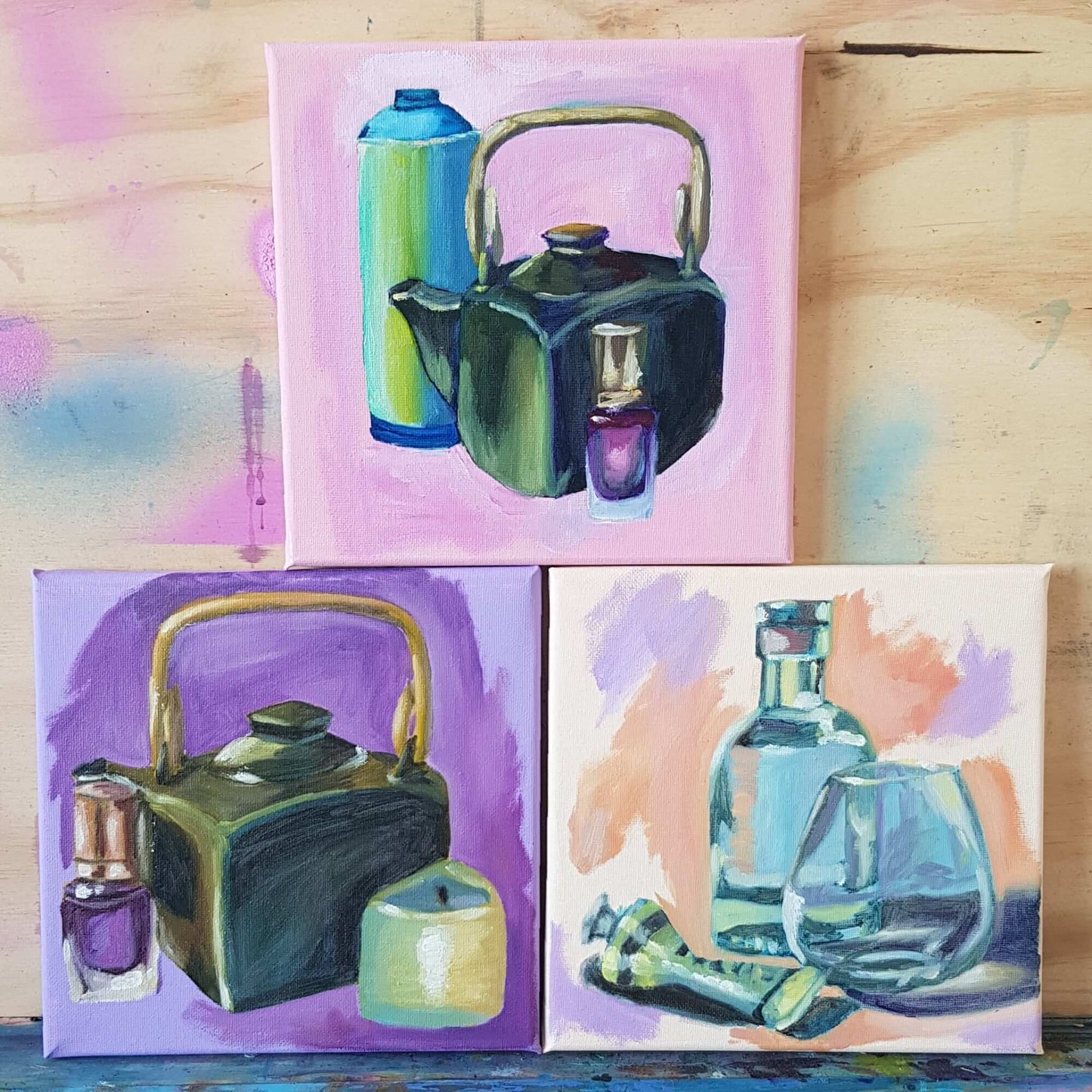 3 Original Oil Paintings of Colourful Still Life, Purple, Pink & Peach, 8" x 8" Alla Prima Painting on Canvas