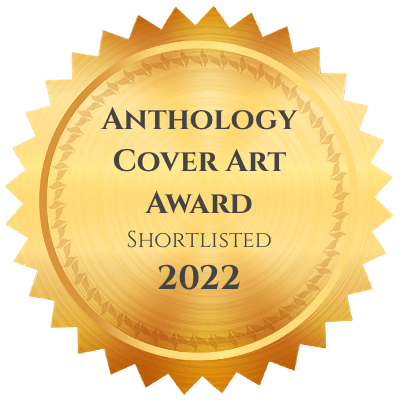 Gold medal with 'Anthology Cover Art Award Shortlisted 2022' text on a black background