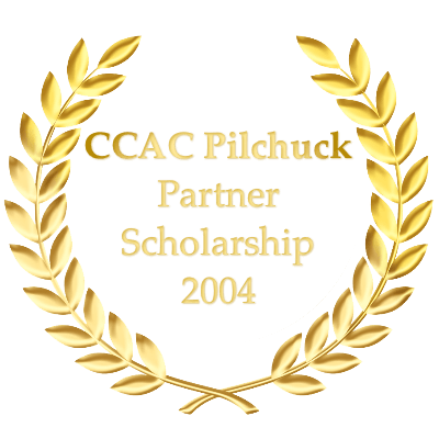 Gold laurel wreath with 'CCAC Pilchuck Partner Scholarship 2004' text on a black background