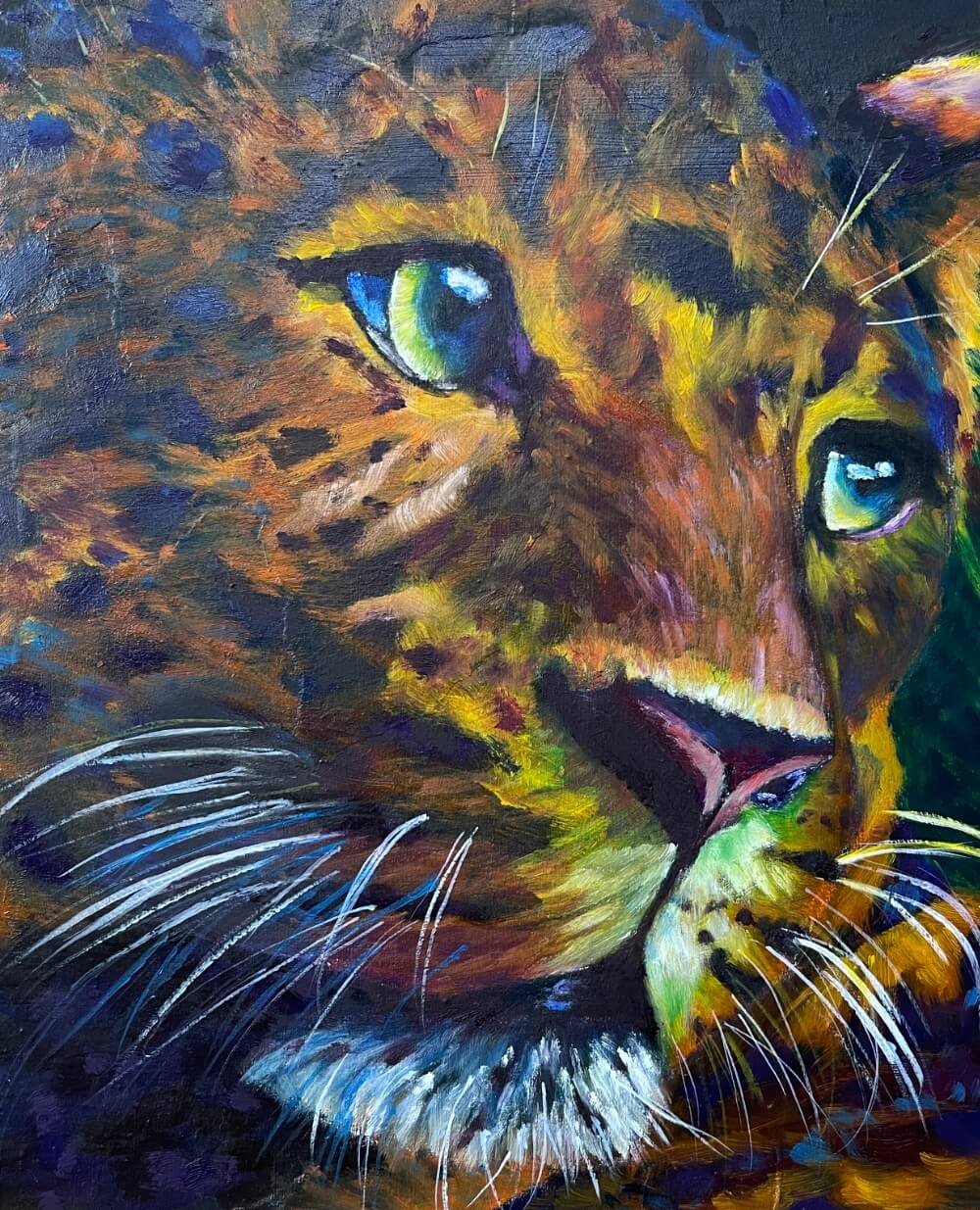 Original Oil Painting of a Leopard, Tan, Black & Yellow, 8" x 10" Painting on Wooden Panel