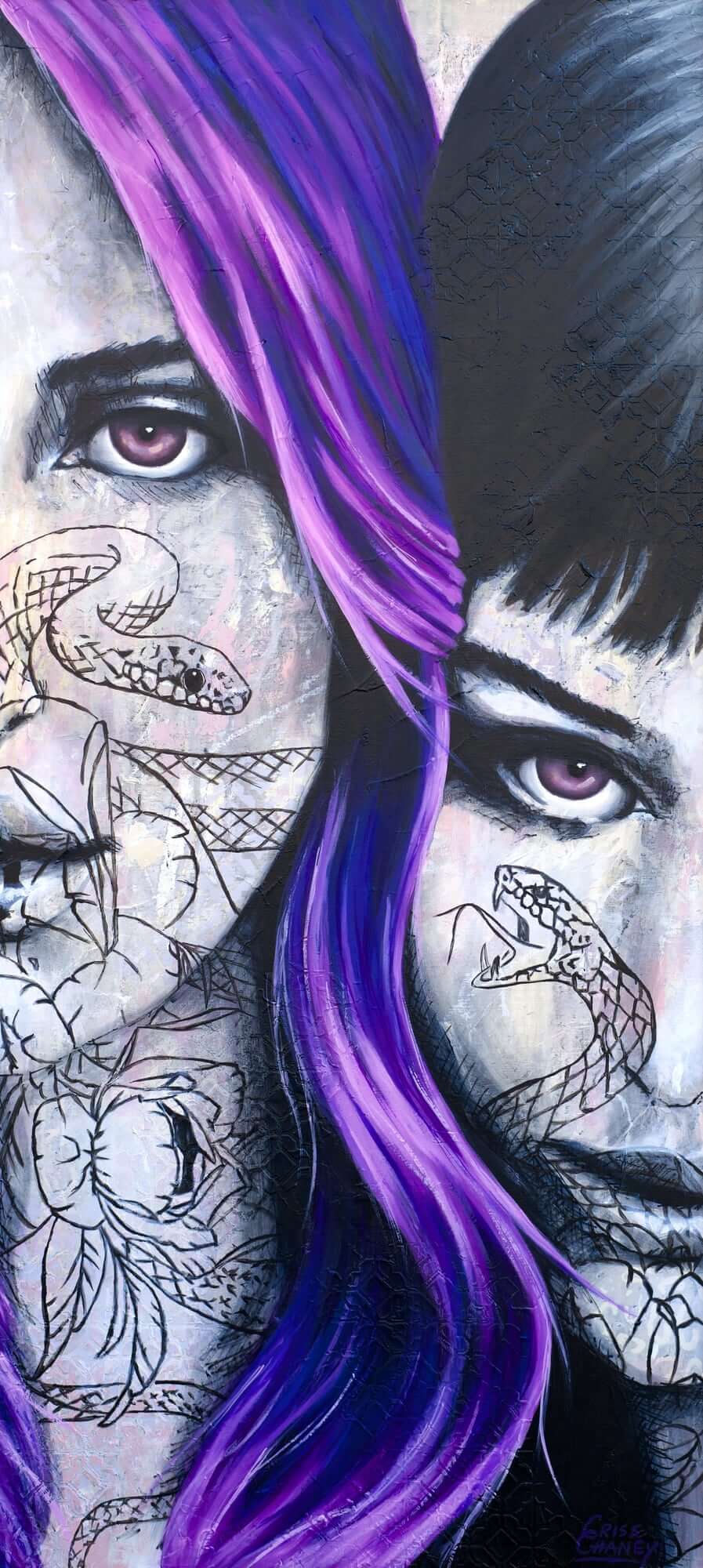 Original Painting of two women in black and white with flower and snake tattoos on their necks and faces. a river of purple hair flows between them. Black, white, purple Colours Criss Chaney Art