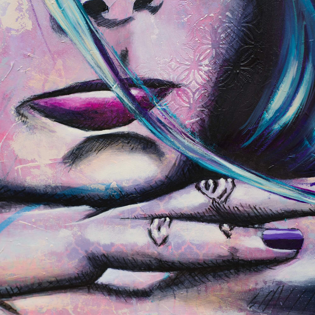 daydreaming woman Criss Chaney, Urban Pop Art,  Contemporary Mixed Media Graffiti Style Fusion, Neo-Feminist Street Art