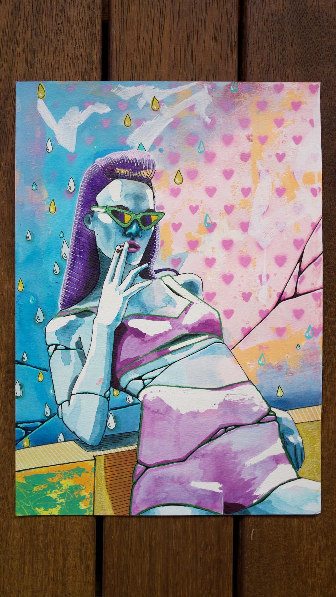 colourful mixed media painting of a woman wearing a purple bikini and blue skin