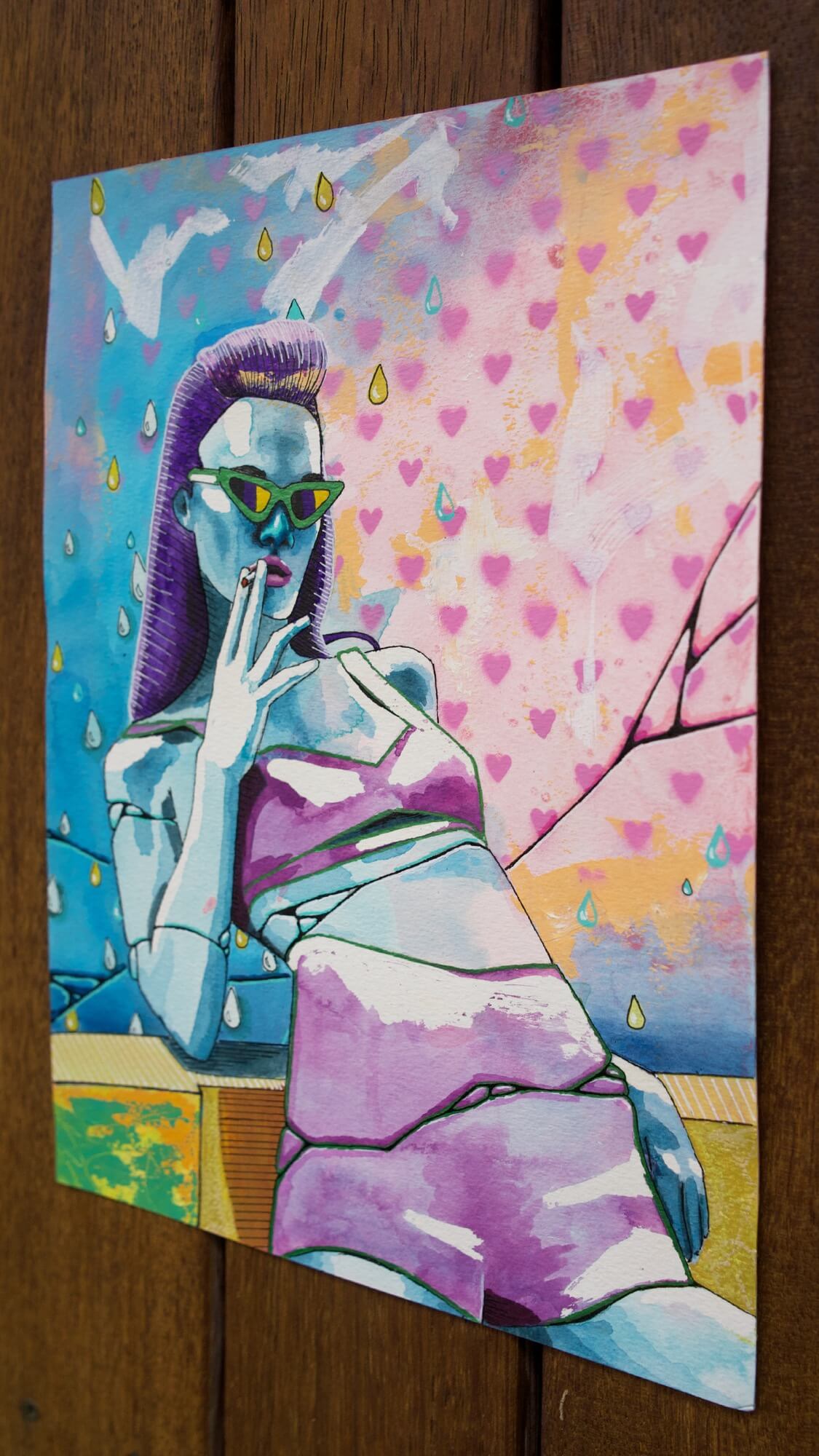 colourful mixed media painting of a woman wearing a purple bikini and blue skin