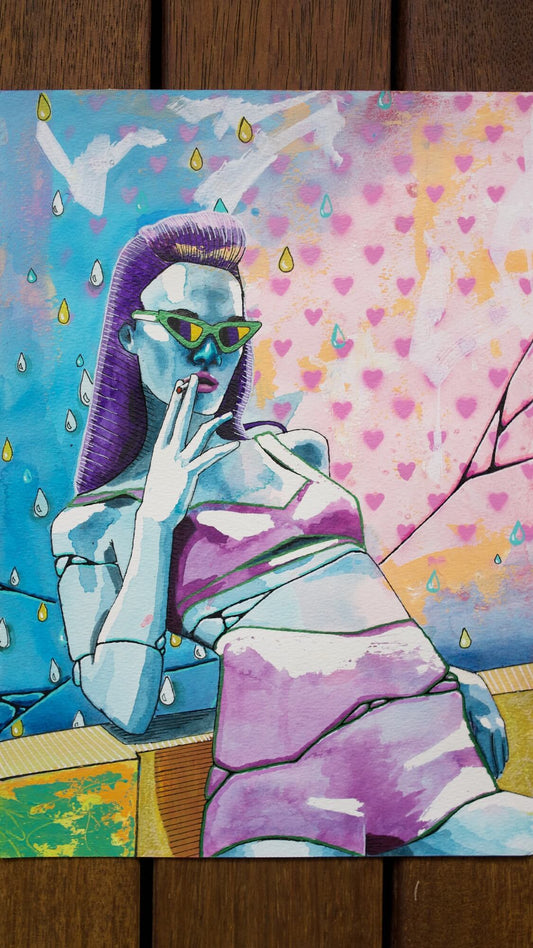 colourful mixed media painting of a woman wearing a purple bikini and blue skin