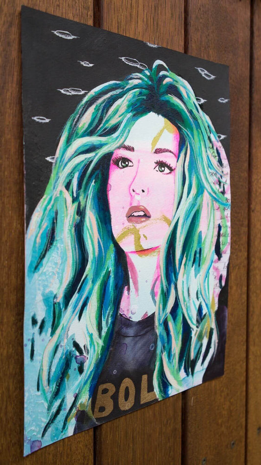 painting of a woman hot pink and blue green scene hair
