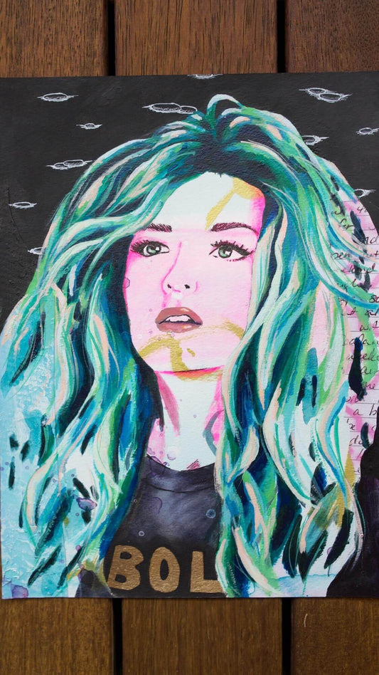 painting of a woman hot pink and blue green scene hair