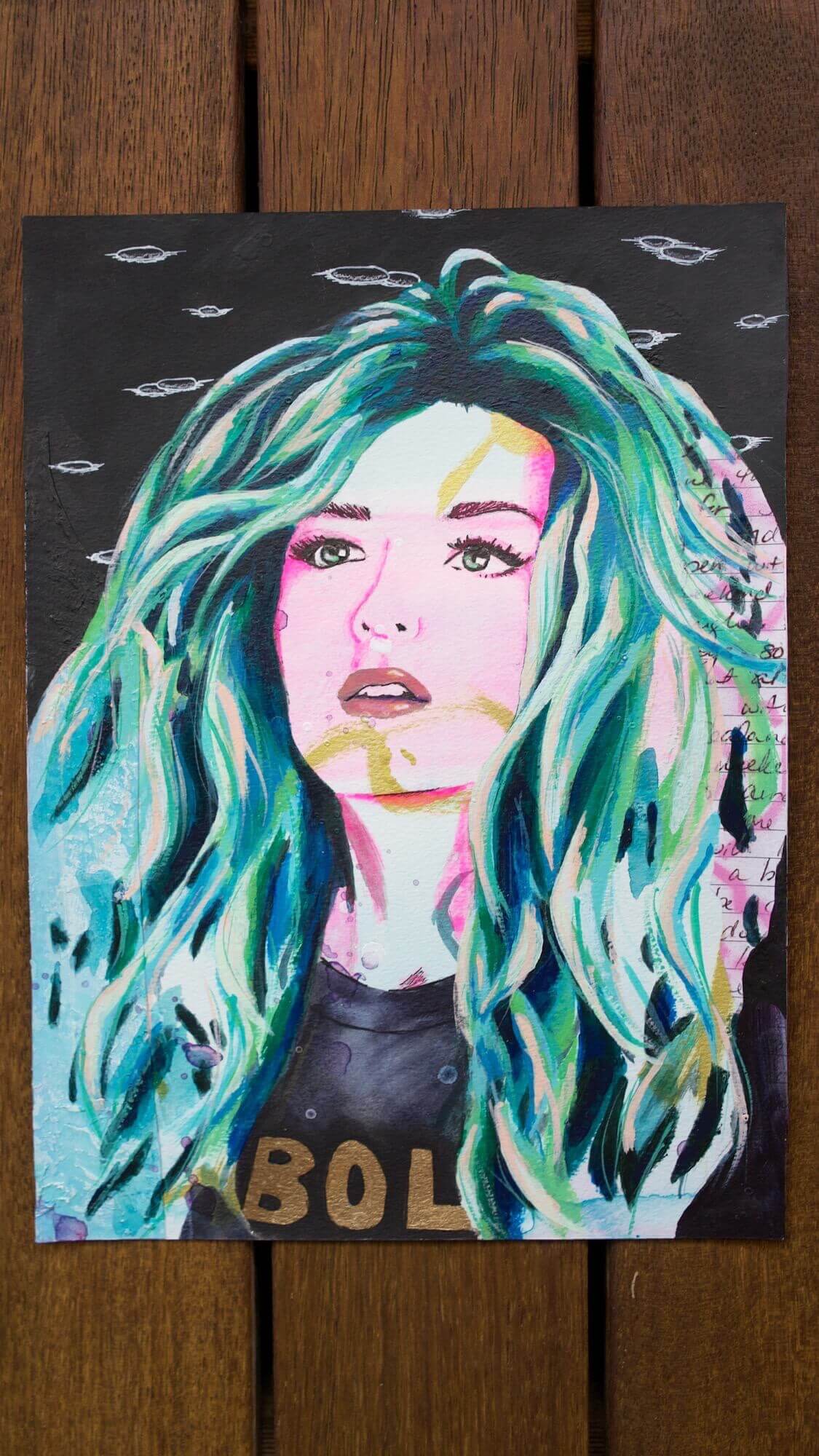 painting of a woman hot pink and blue green scene hair