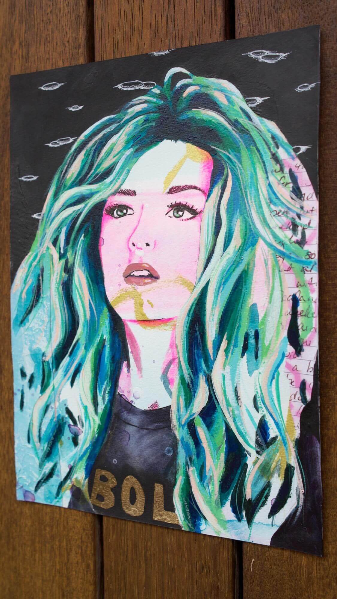 painting of a woman hot pink and blue green scene hair