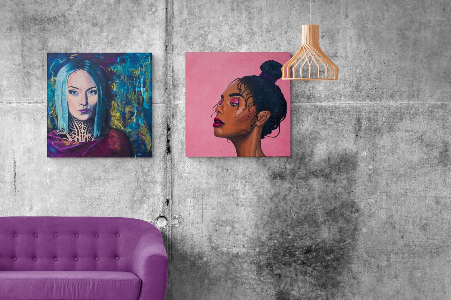 criss chaney artist two colorful portraits of women on a concrete wall grey pink black purple