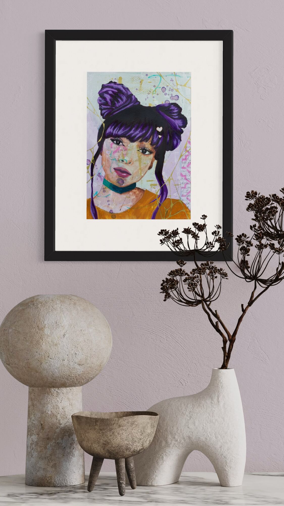Mixed media painting of  black woman with purple hair and two top buns with kintsugi