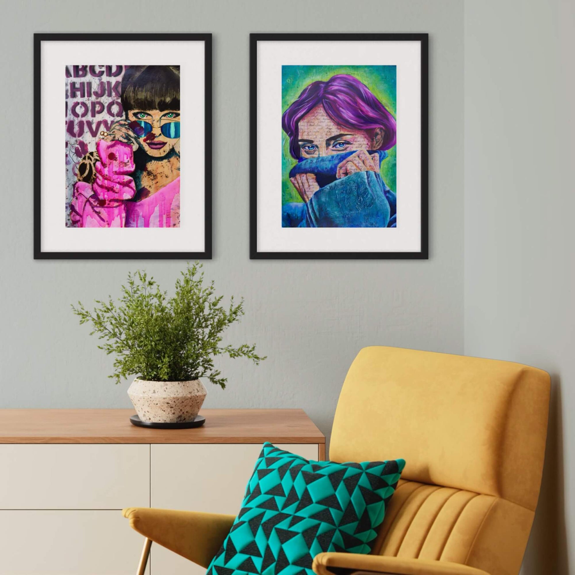 Colourful art, colourful paintings maximalist decor, woman wearing blue sweater with purple hair wall art print 
