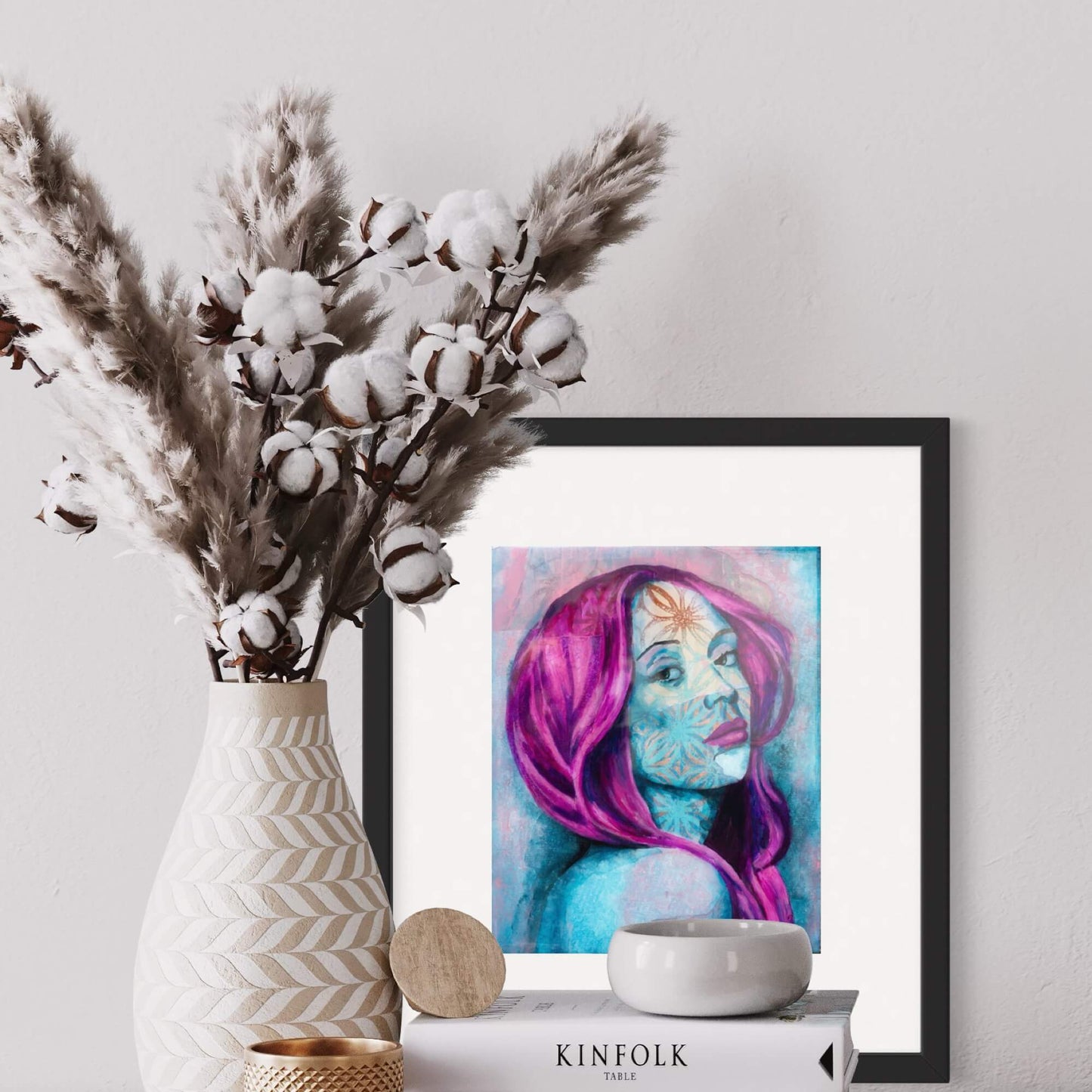 wall art print abstract art portait of a Woman with purple hair Blue, magenta, Purple artists in melbourne wall art online