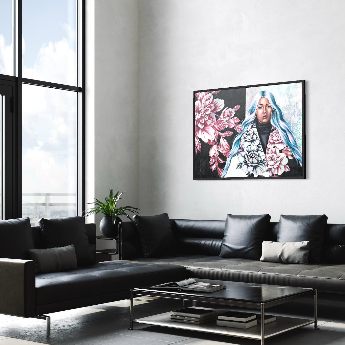 contemporary original painting of powerful woman figure with floral details, modern wall art