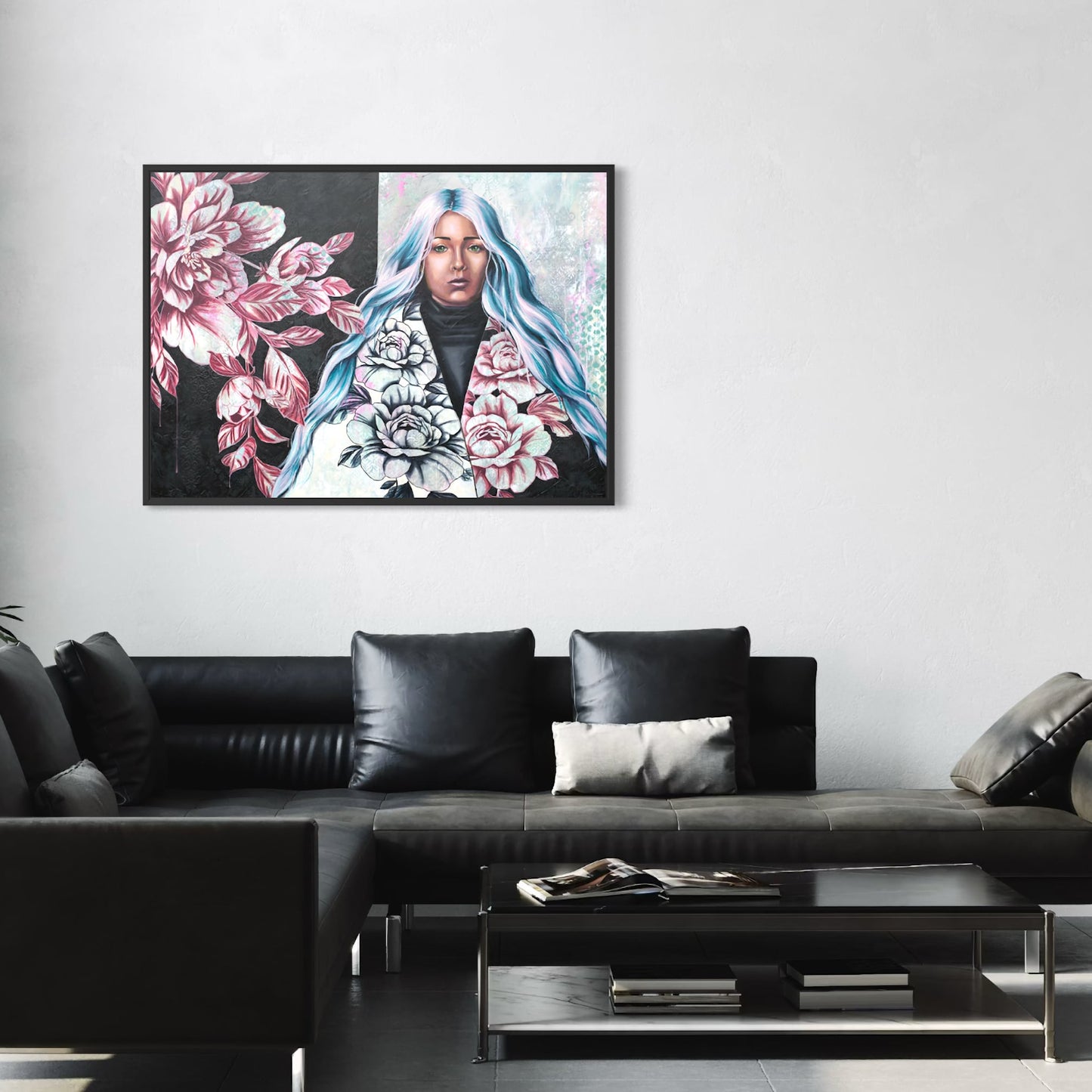 original painting of strong woman with floral armour, contemporary feminist artwork on canvas