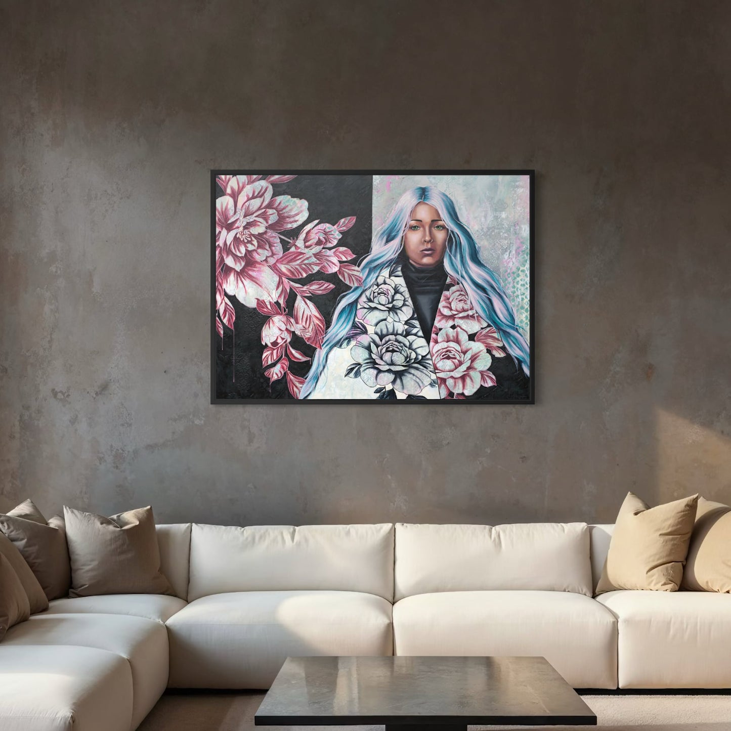 statement original artwork of strong woman, floral painting representing resilience and inner power