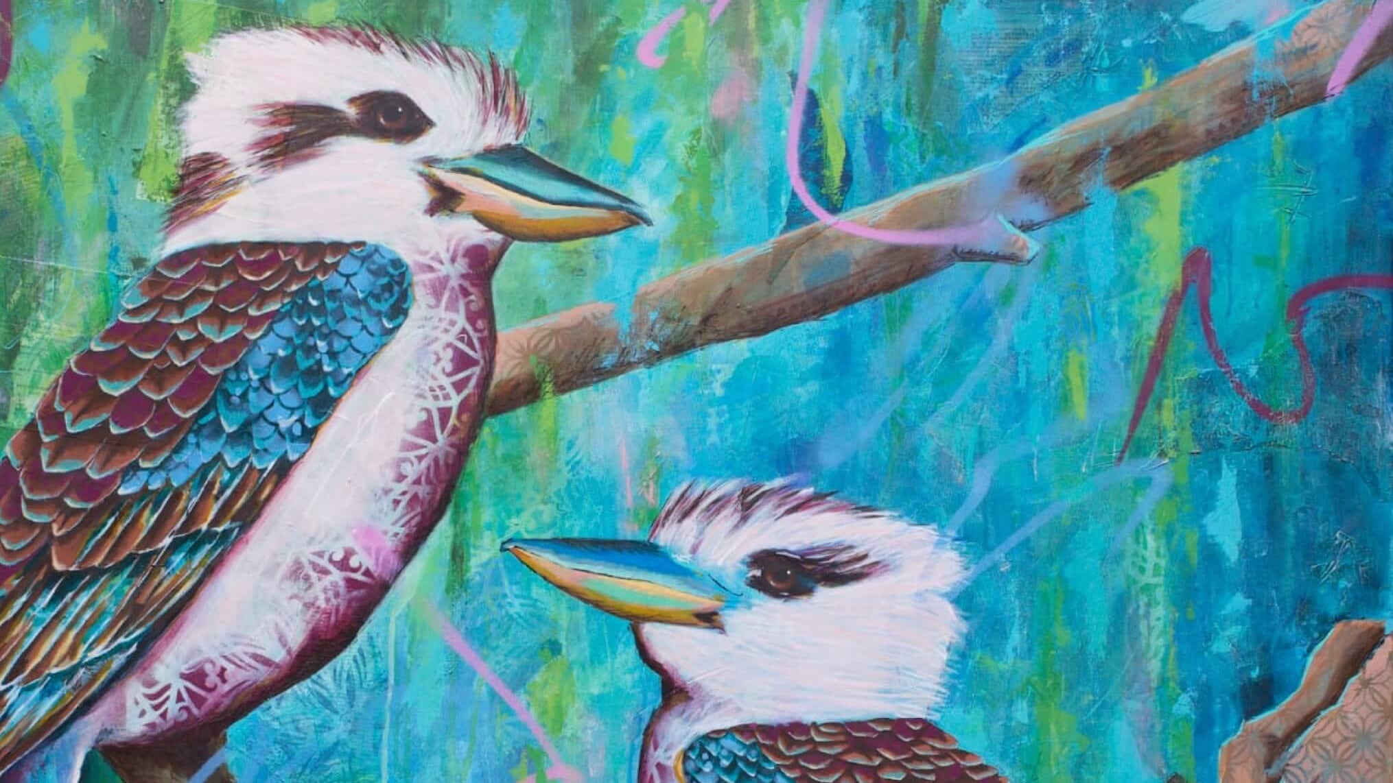 Bright Large Original Painting of Kookaburras by Criss Chaney