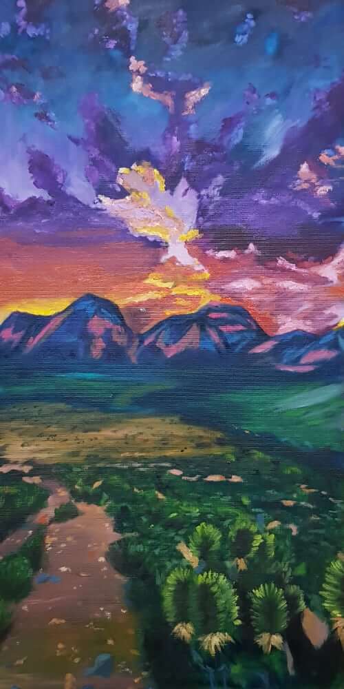 Original Oil Painting of a Desert Landscape, Green, Purple, Yellow, 12" x 24" Painting on Canvas Panel