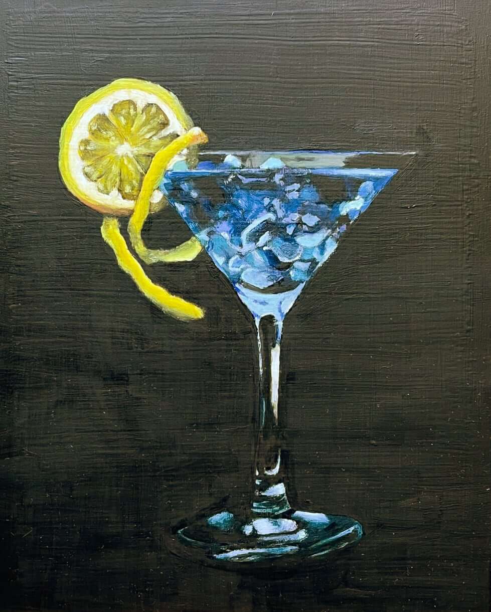 Original Oil Painting of a Blue Martini, Blue & Yellow, 8" x 10" Painting on Wooden Panel