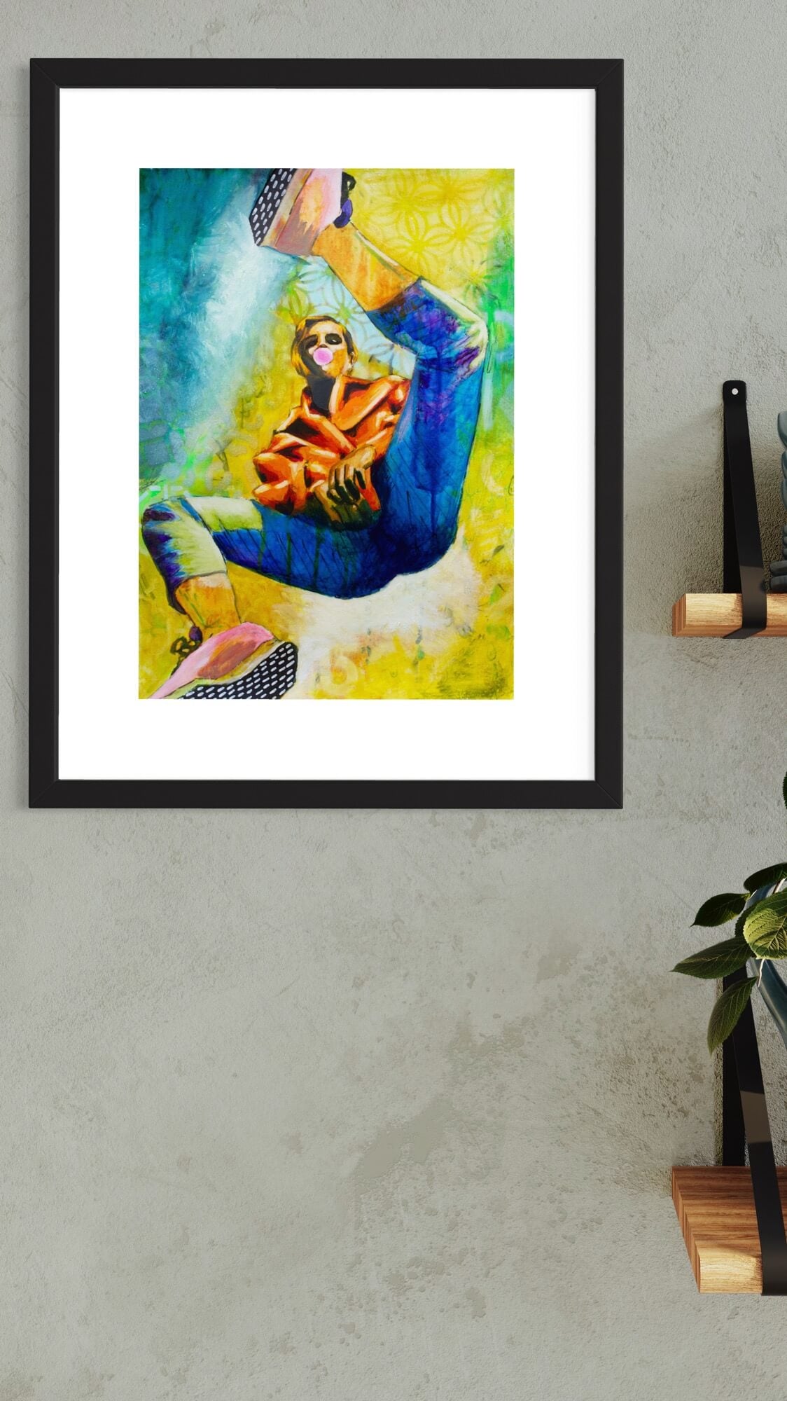 mixed media painting of a woman spinning in air in yellow and blue
