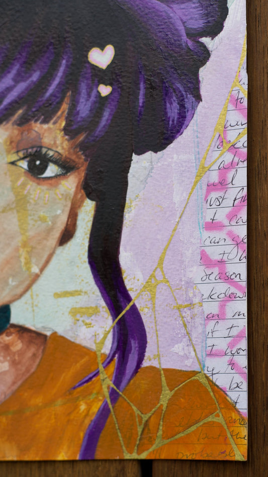 Mixed media painting of  black woman with purple hair and two top buns with kintsugi