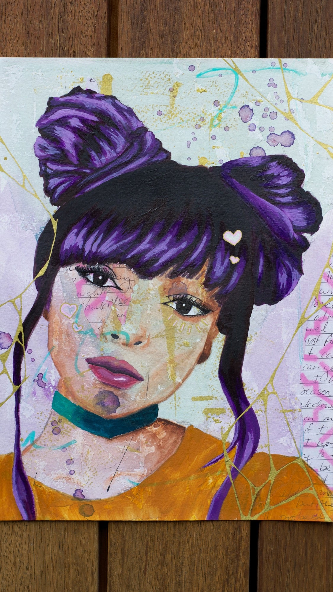 Mixed media painting of  black woman with purple hair and two top buns with kintsugi