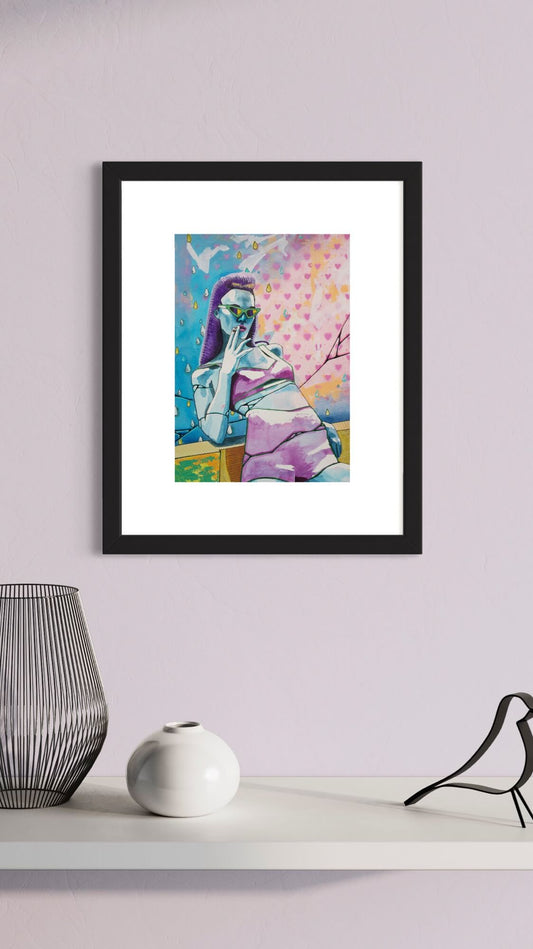 colourful mixed media painting of a woman wearing a purple bikini and blue skin