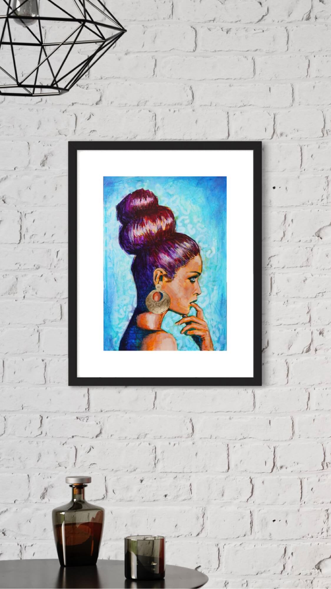 painting of a woman with tall hair bun orange with blue background