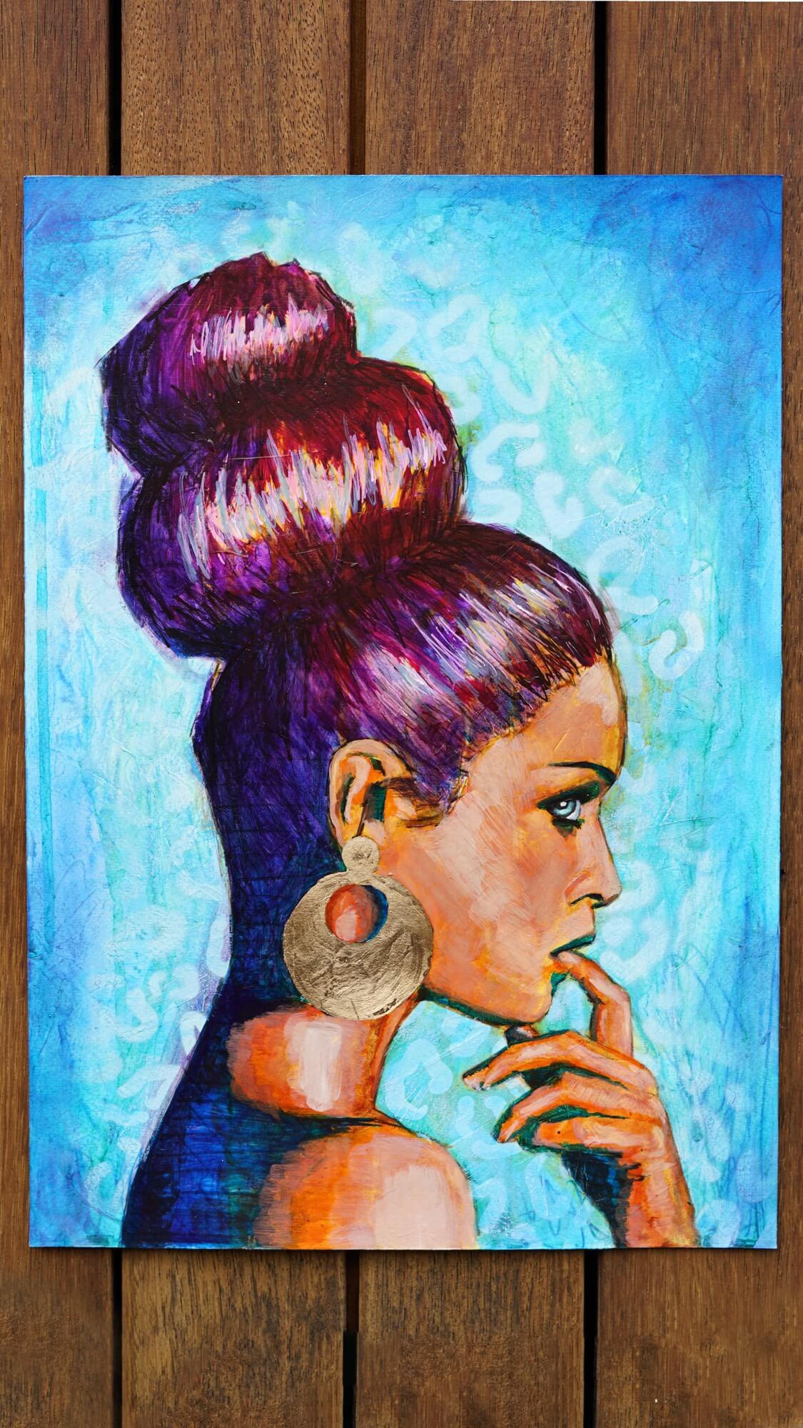 painting of a woman with tall hair bun orange with blue background