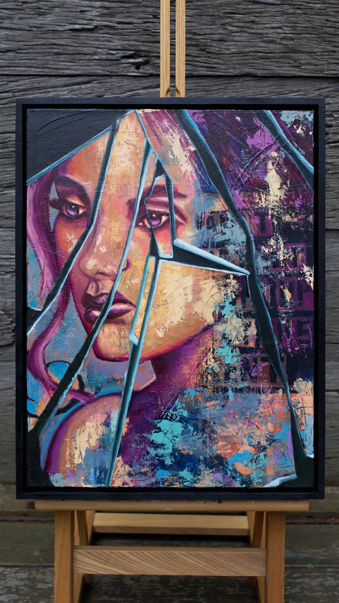 Oil Painting of a woman reflected in a broken mirror, purple peach