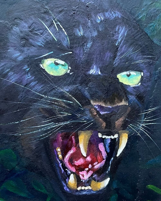 Original Oil Painting of a Black Panther, Black, Red & Green, 8" x 10" Painting on Wooden Panel