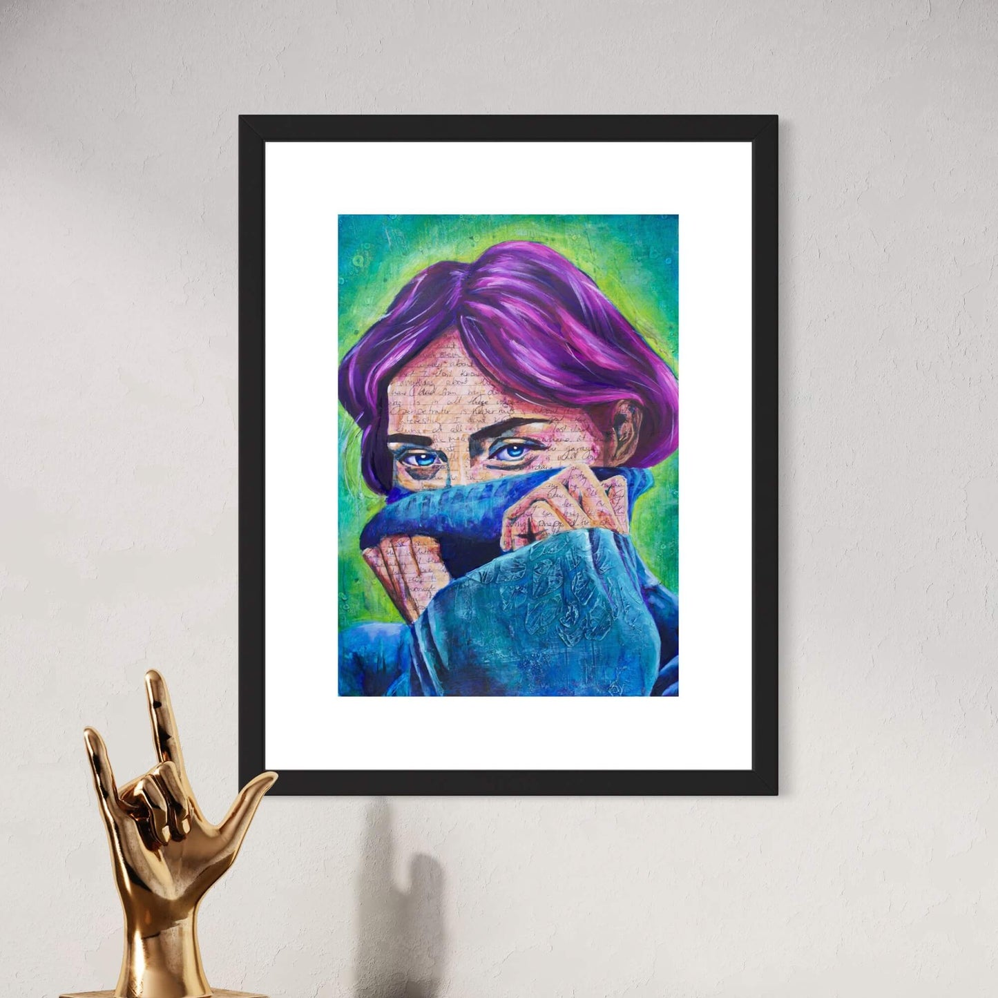 Colourful art, colourful paintings maximalist decor, woman wearing blue sweater with purple hair wall art print 