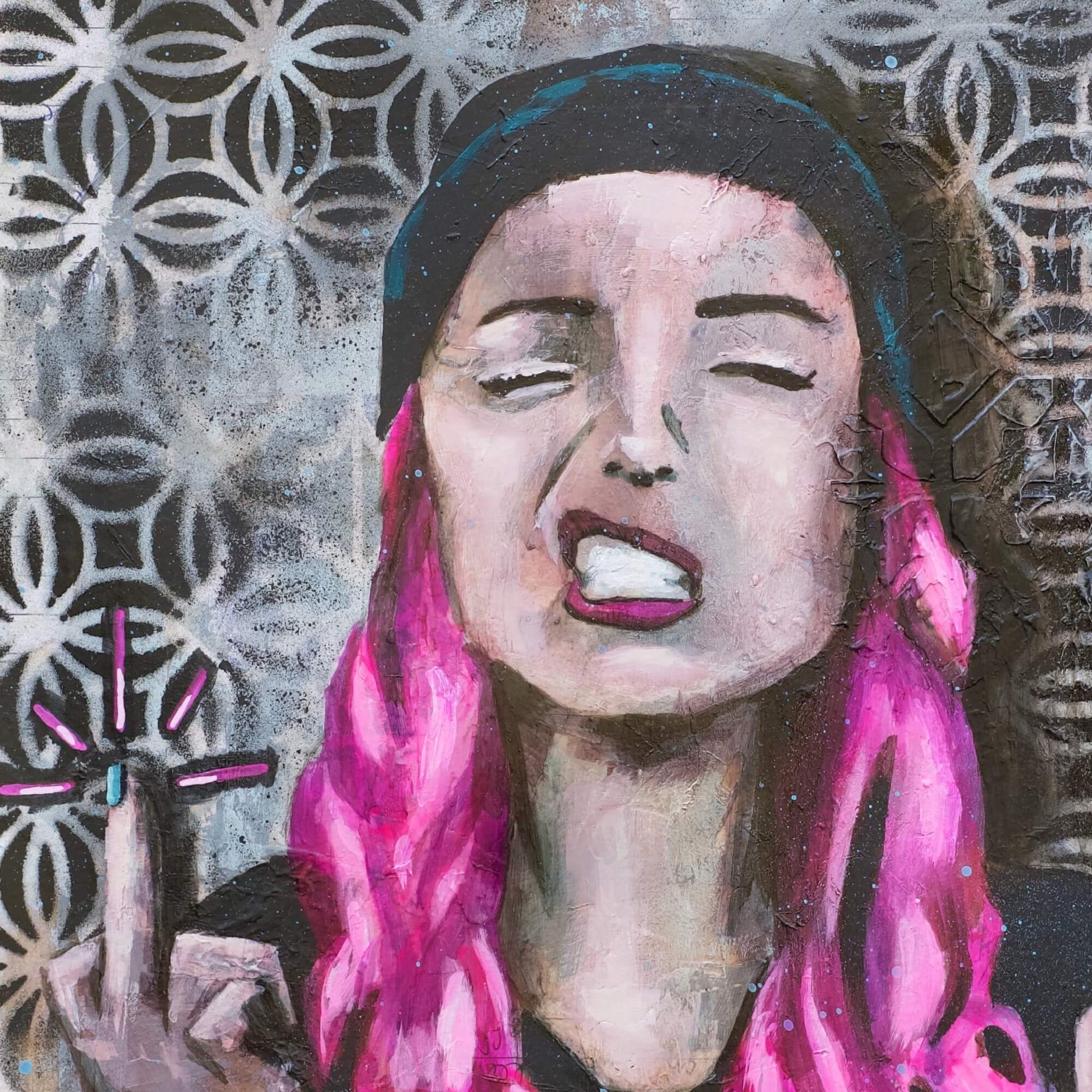 Artworks for Sale – A3 Pink & Black Painting of Woman with Middle Finger – Street Art – 'Say Cheese' – Art Wall Painting by Criss Chaney