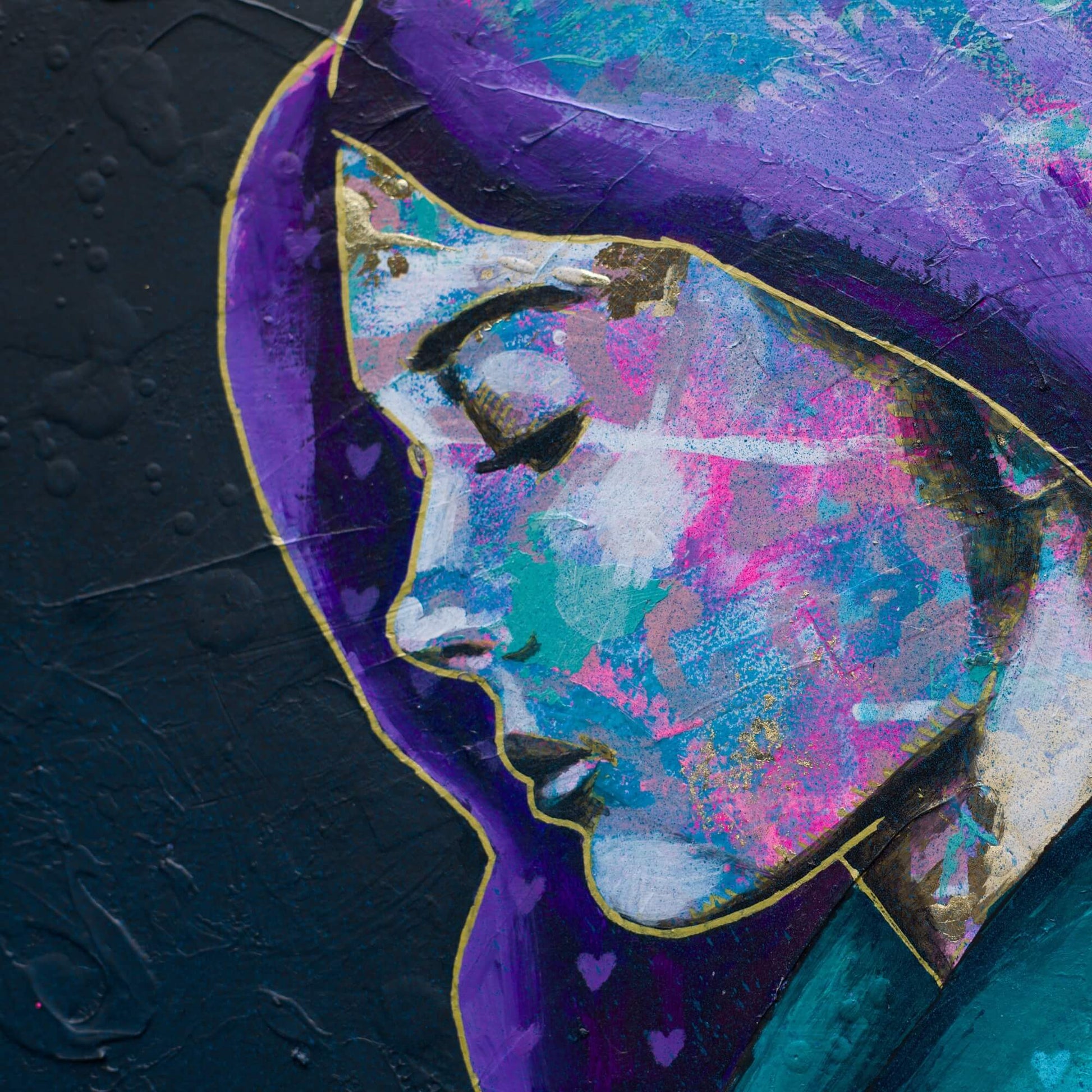 Artwork for Sale – Mini Painting of Woman -Green Purple & Gold  - 'Blue Moon' – Art Wall Painting Criss Chaney