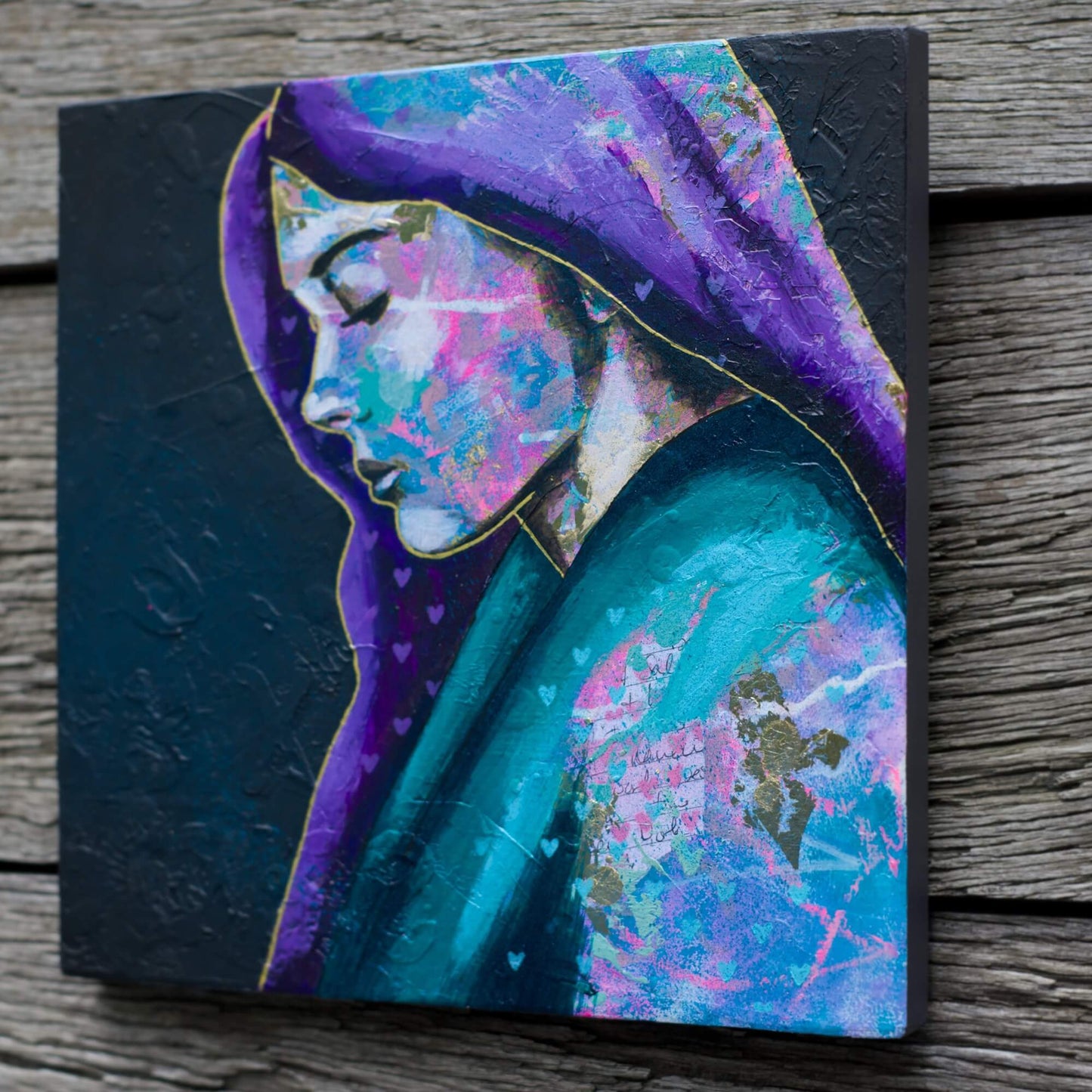 Artwork for Sale – Mini Painting of Woman -Green Purple & Gold  - 'Blue Moon' – Art Wall Painting Criss Chaney