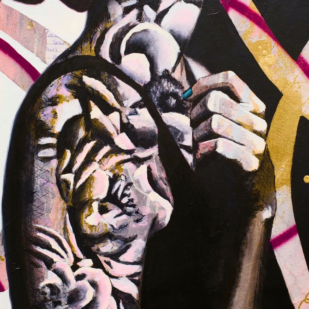 Criss Chaney, Red, Black Grey Magenta, pink, Urban Pop Art,  Contemporary Mixed Media Graffiti Style Fusion, Neo-Feminist Street Art