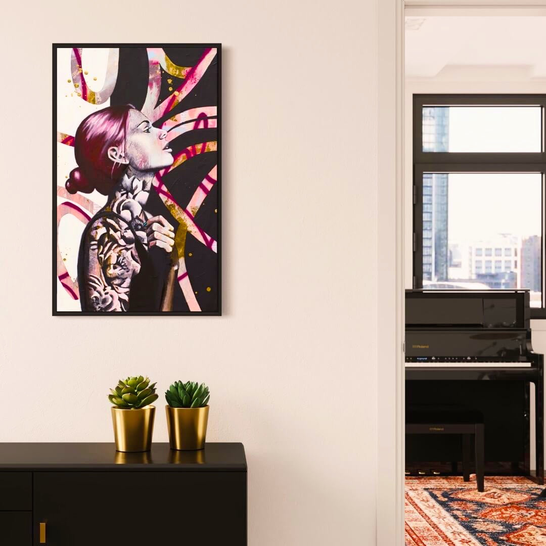 Criss Chaney, Red, Black Grey Magenta, pink, Urban Pop Art,  Contemporary Mixed Media Graffiti Style Fusion, Neo-Feminist Street Art