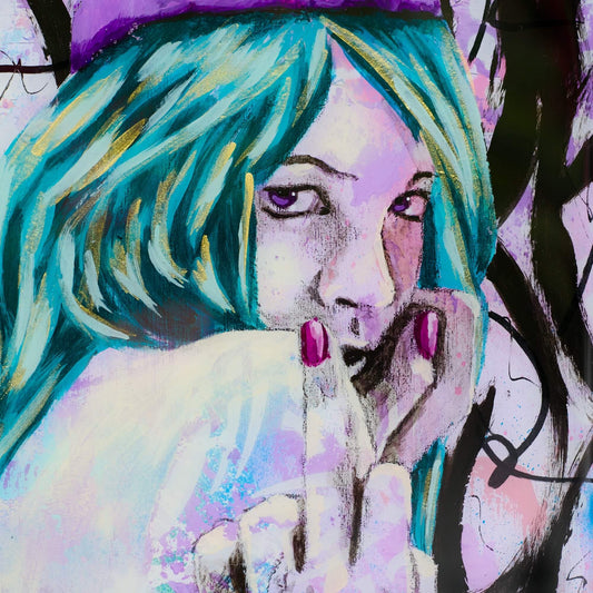 Artwork for Sale – Mini Street Art Style Painting – Teal Purple & Gold – Mixed Media Art - 'Catch' – Art Wall Painting Criss Chaney