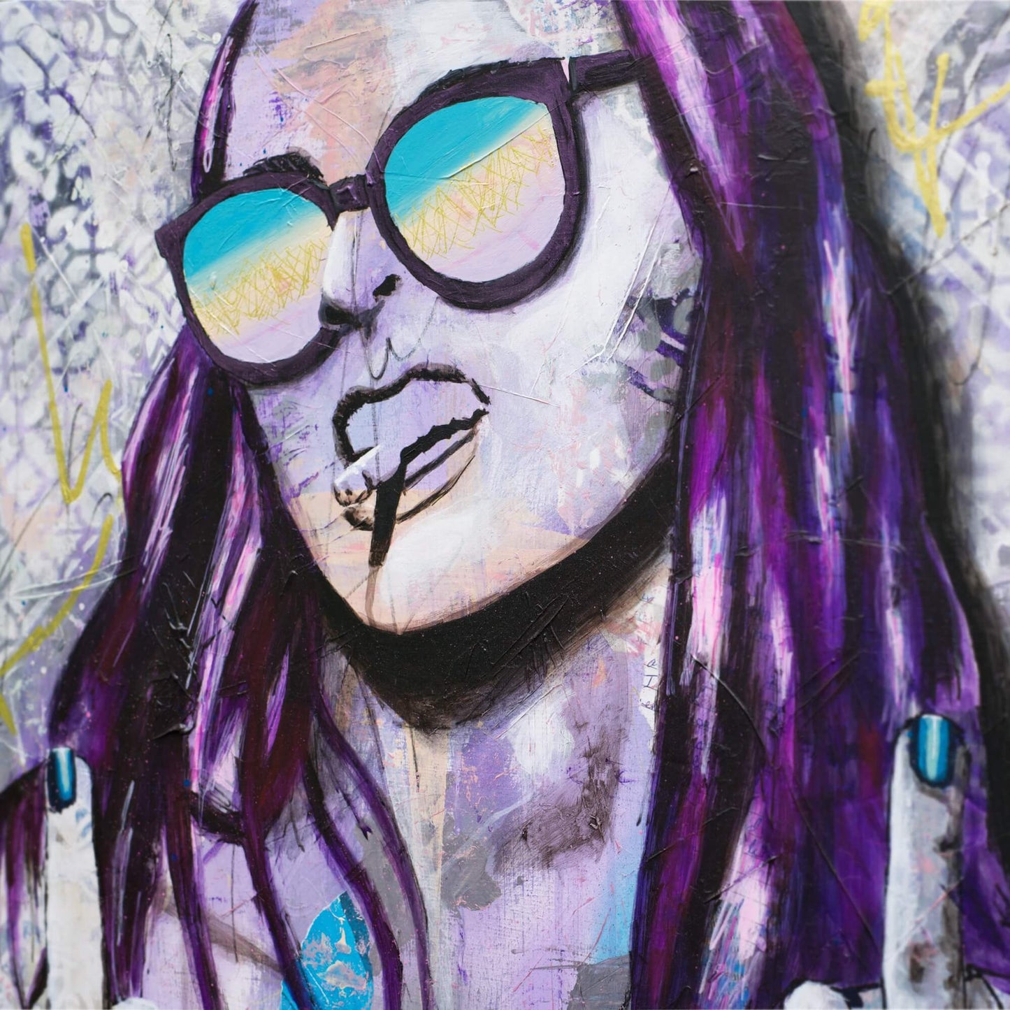 Artworks for Sale – Street Art Paintings of Women – Purple & Gold Painting – 'Cheers to You' – Art Wall Painting by Criss Chaney