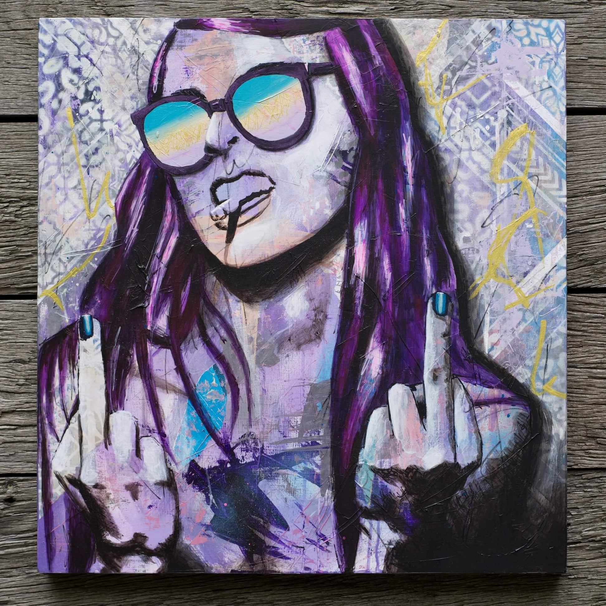 Artworks for Sale – Street Art Paintings of Women – Purple & Gold Painting – 'Cheers to You' – Art Wall Painting by Criss Chaney