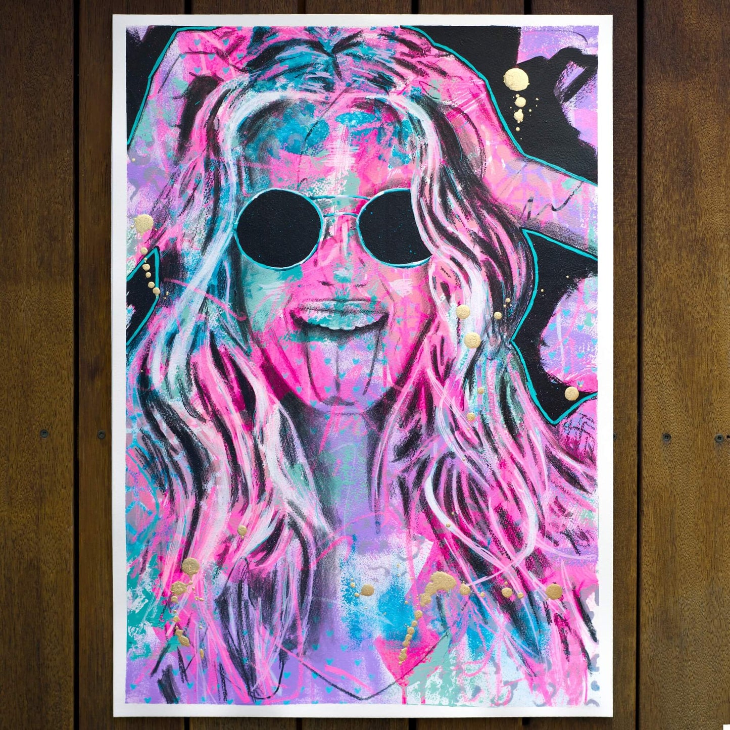 Abstract Art Painting Mixed Media Street Art Made in Melbourne Colourful Pink Woman Sticking her Tongue Out