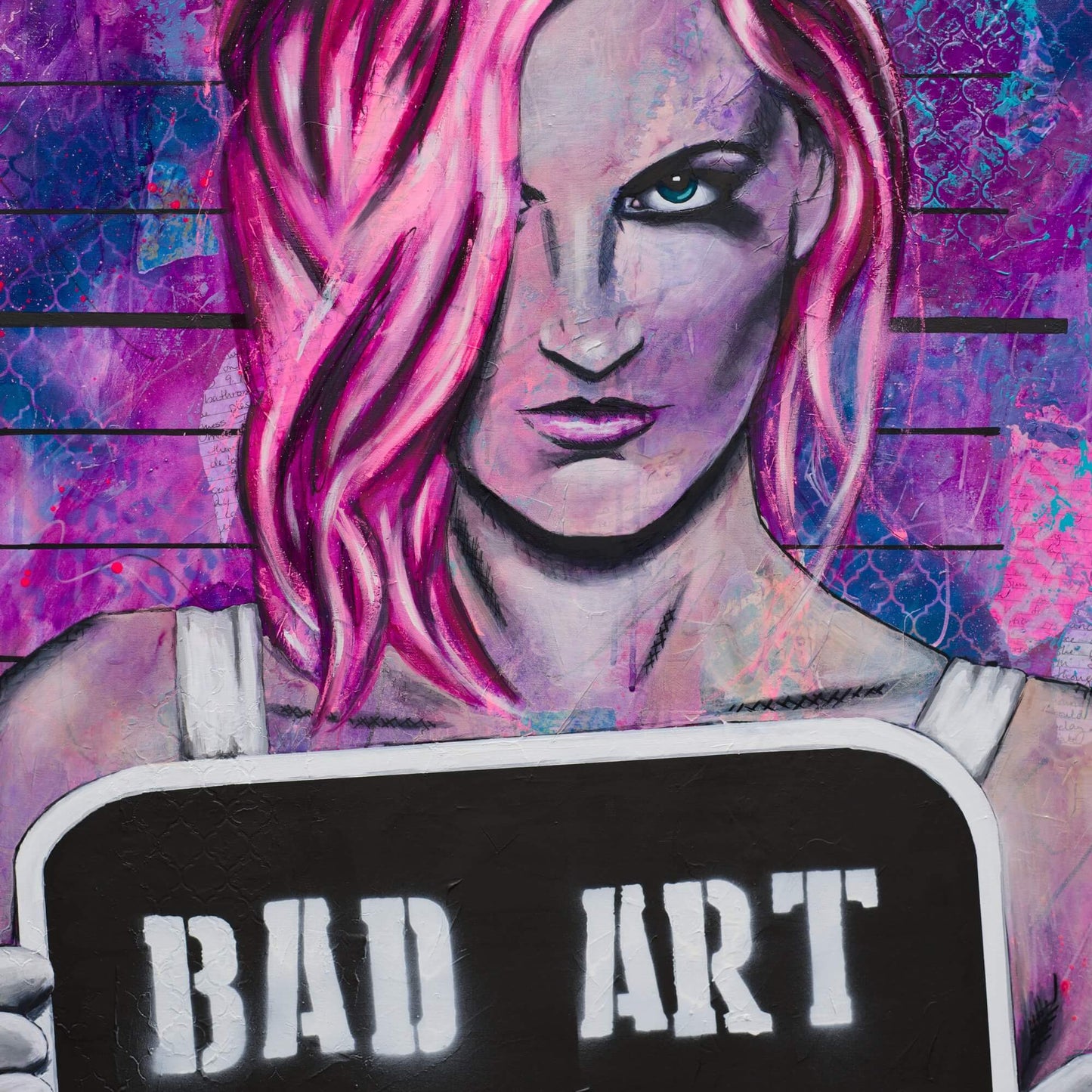 painting of a woman at lineup hot pink hair bad art street art style