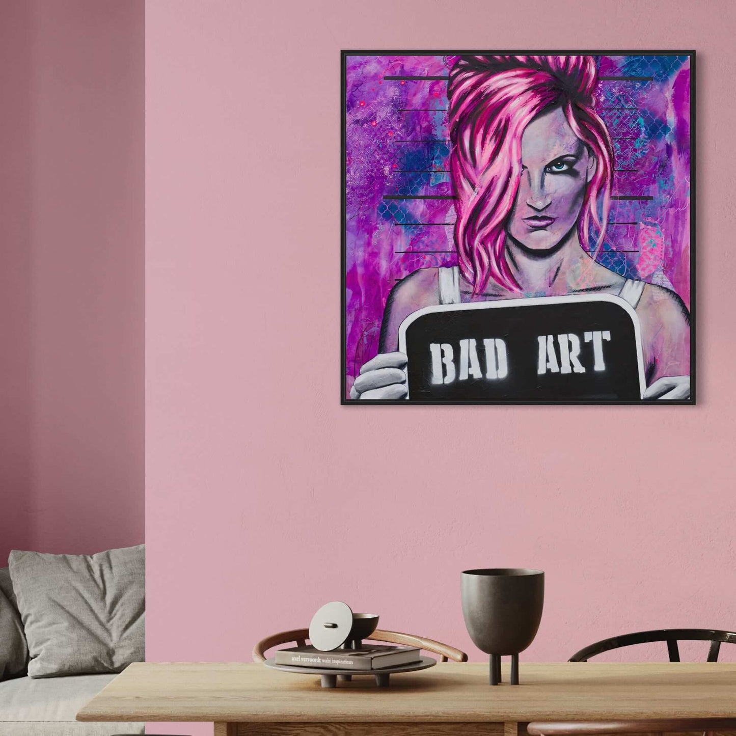 painting of a woman at lineup hot pink hair bad art street art style